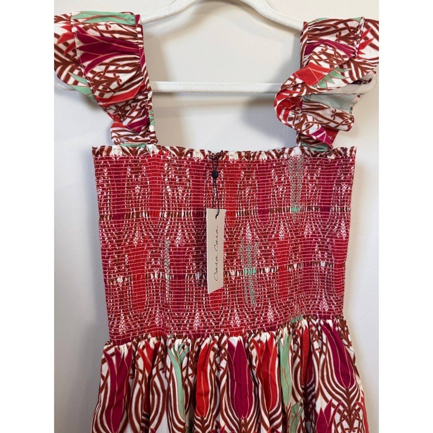 Cara Cara Smocked Midi Dress Red Tulip Print Ruffle Strap Tiered NWT