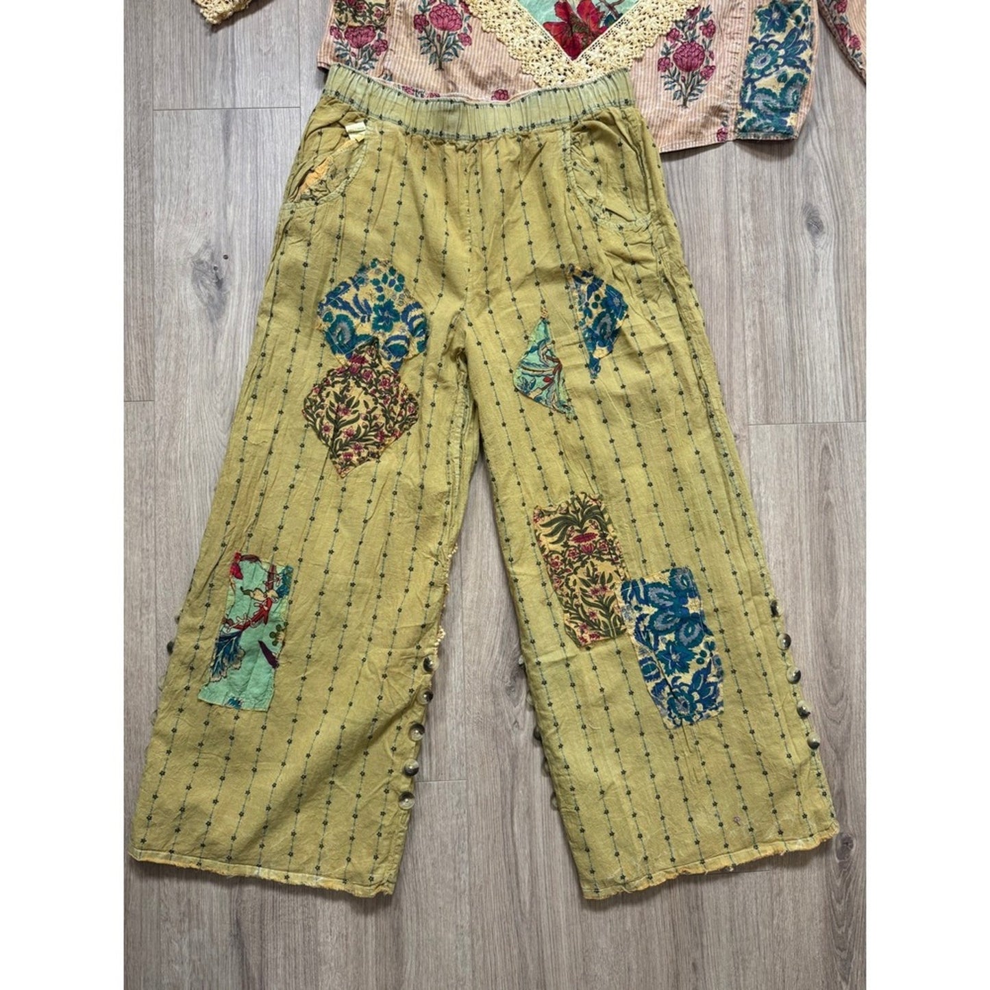 A Rare Bird Floral Patchwork Jacket and Wide Leg Pants Set Bohemian Peach