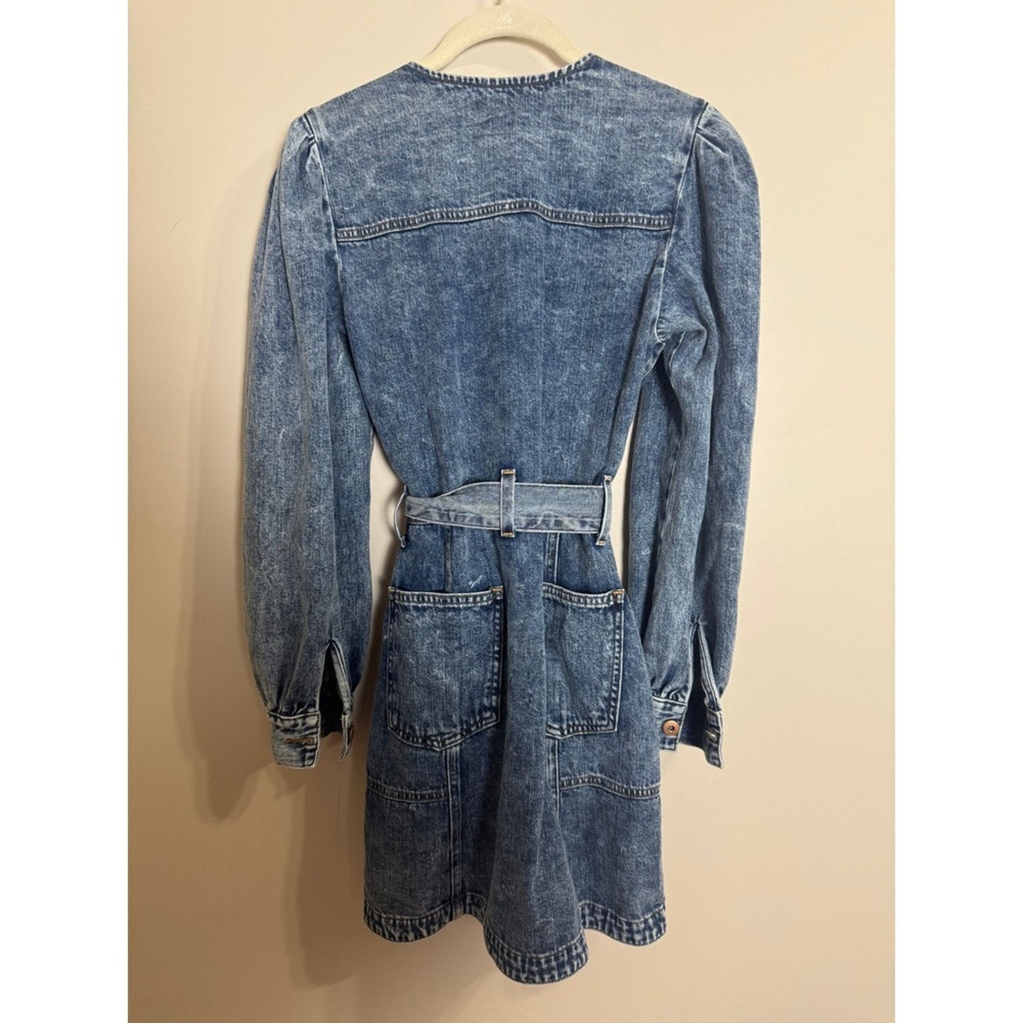 Jonathan Simkhai Standard Denim Mini Dress Blue Acid Wash Puff Sleeve Belted XS