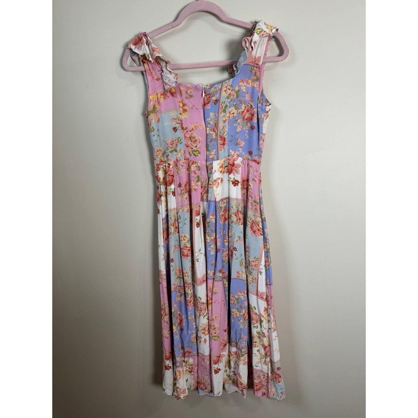 Yumi Kim Floral Patchwork Ruffle Midi Dress Pastel Pink Blue XS Garden Party