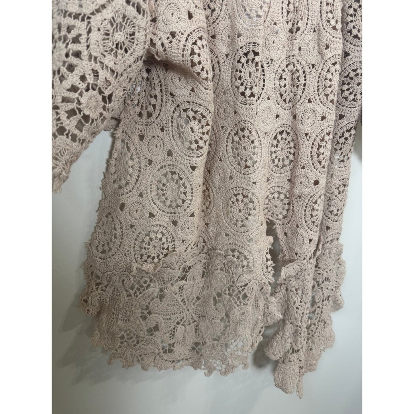 Jaded Gypsy Crochet Lace Kimono Cardigan Beige Boho Front Tie Bell Sleeve O/S