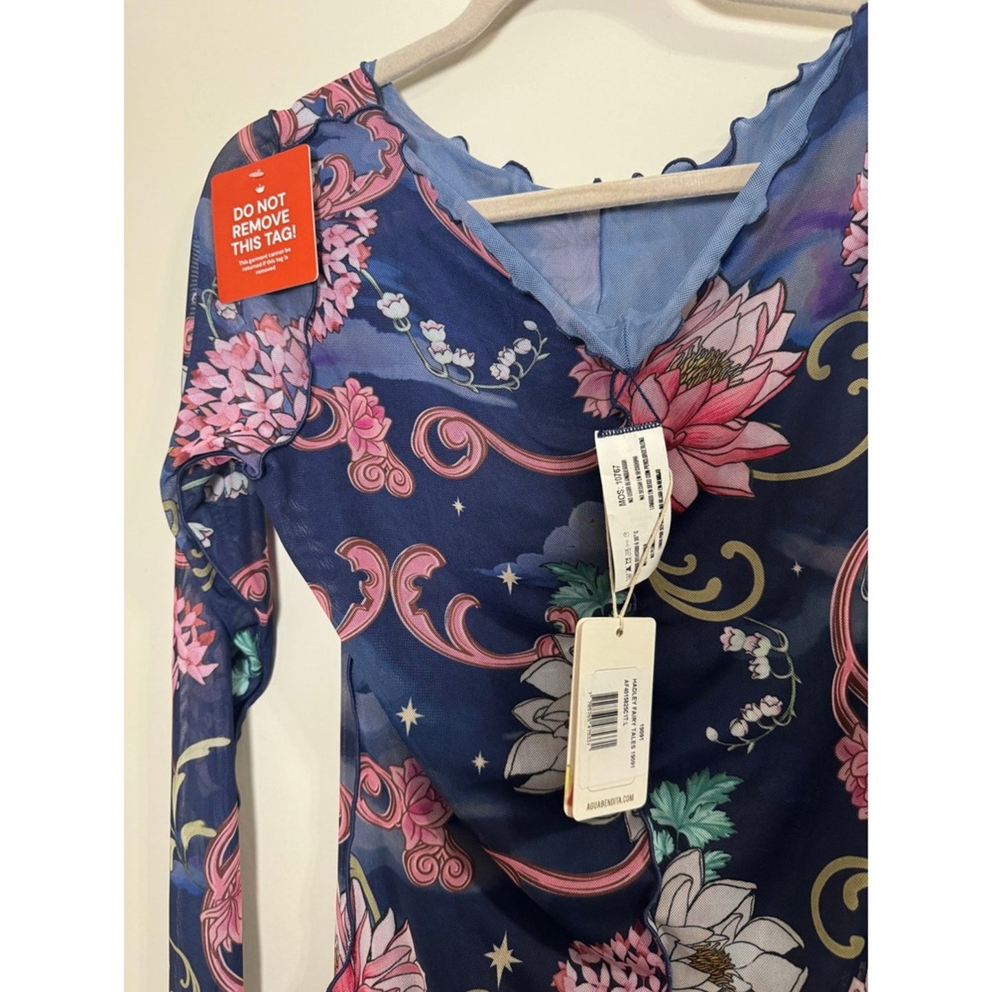 Agua Bendita Hadley Fairytales Mesh Mini Dress Navy Floral Long Sleeve L