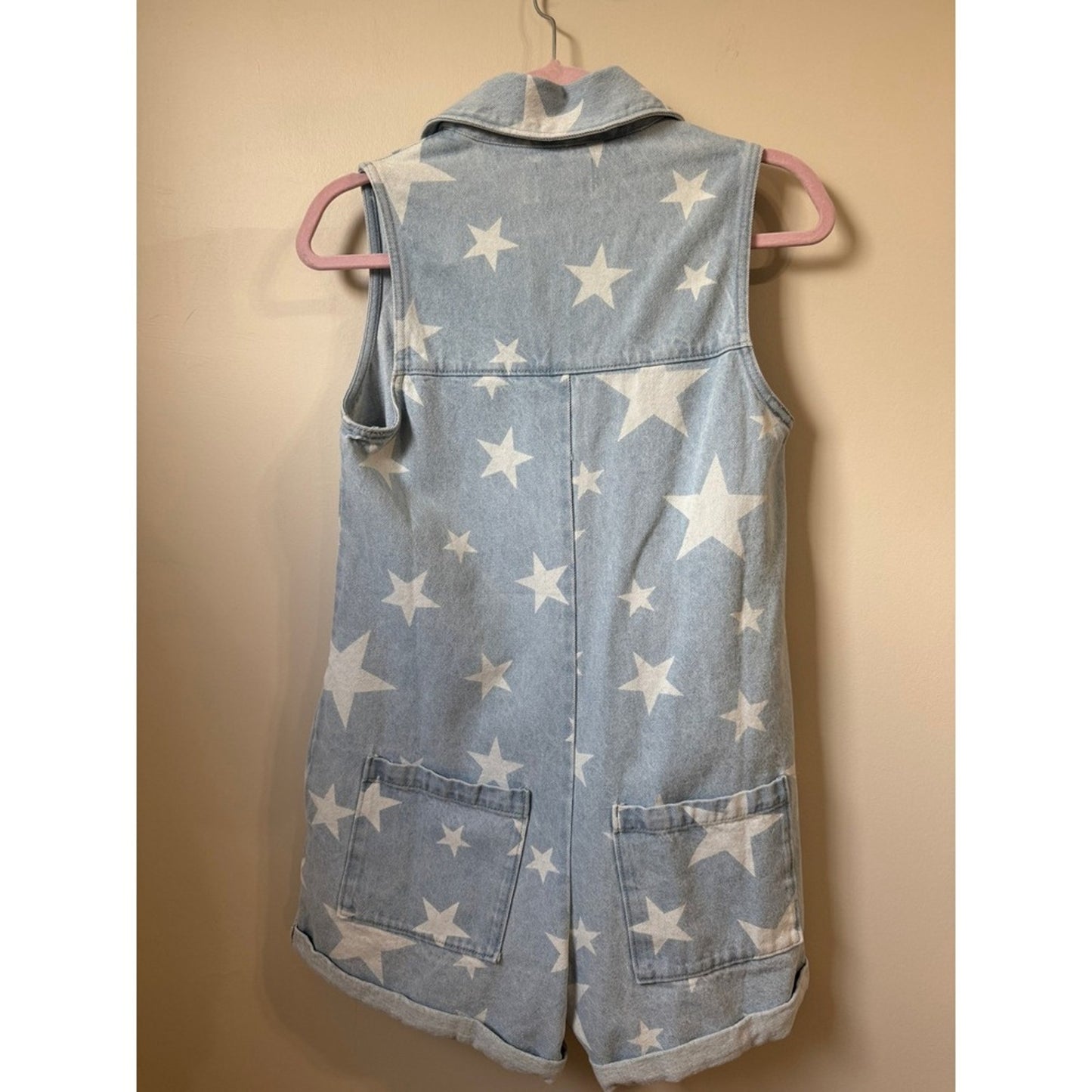 Show Me Your Mumu Star Print Denim Romper Light Wash Sleeveless Zip Front Small