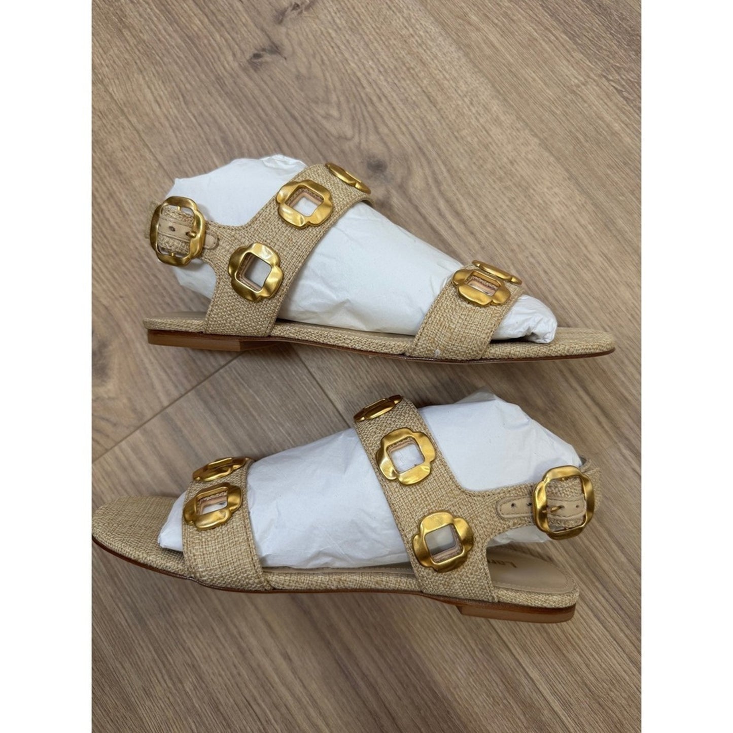 Larroude Womens Raffia Flat Sandals Gold Hardware Slingback Beige 6.5