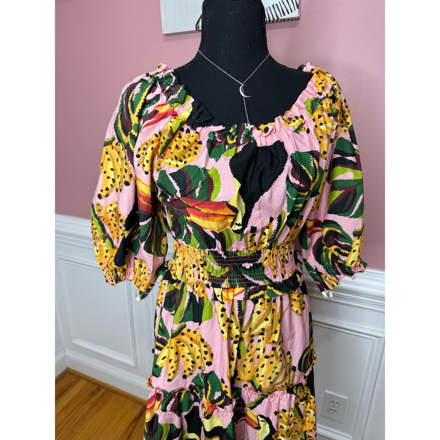 Farm Rio The Pink Toucananas Maxi Dress Size XS Graphic Print 3/4 Sleeve Cotton