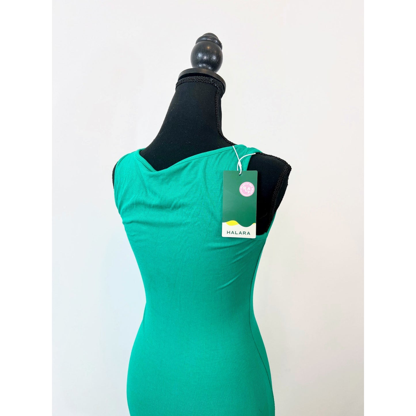 Halara U Neck Bodycon Midi Dress in Vivid Green Small Sleeveless Ruched Ribbed
