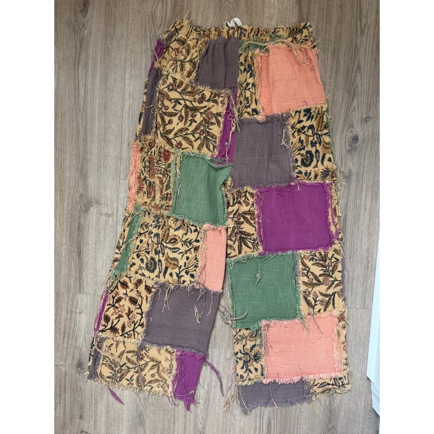 Jaded Gypsy Patchwork Boho Wide Leg Pants Multi Floral Frayed L/XL NEW