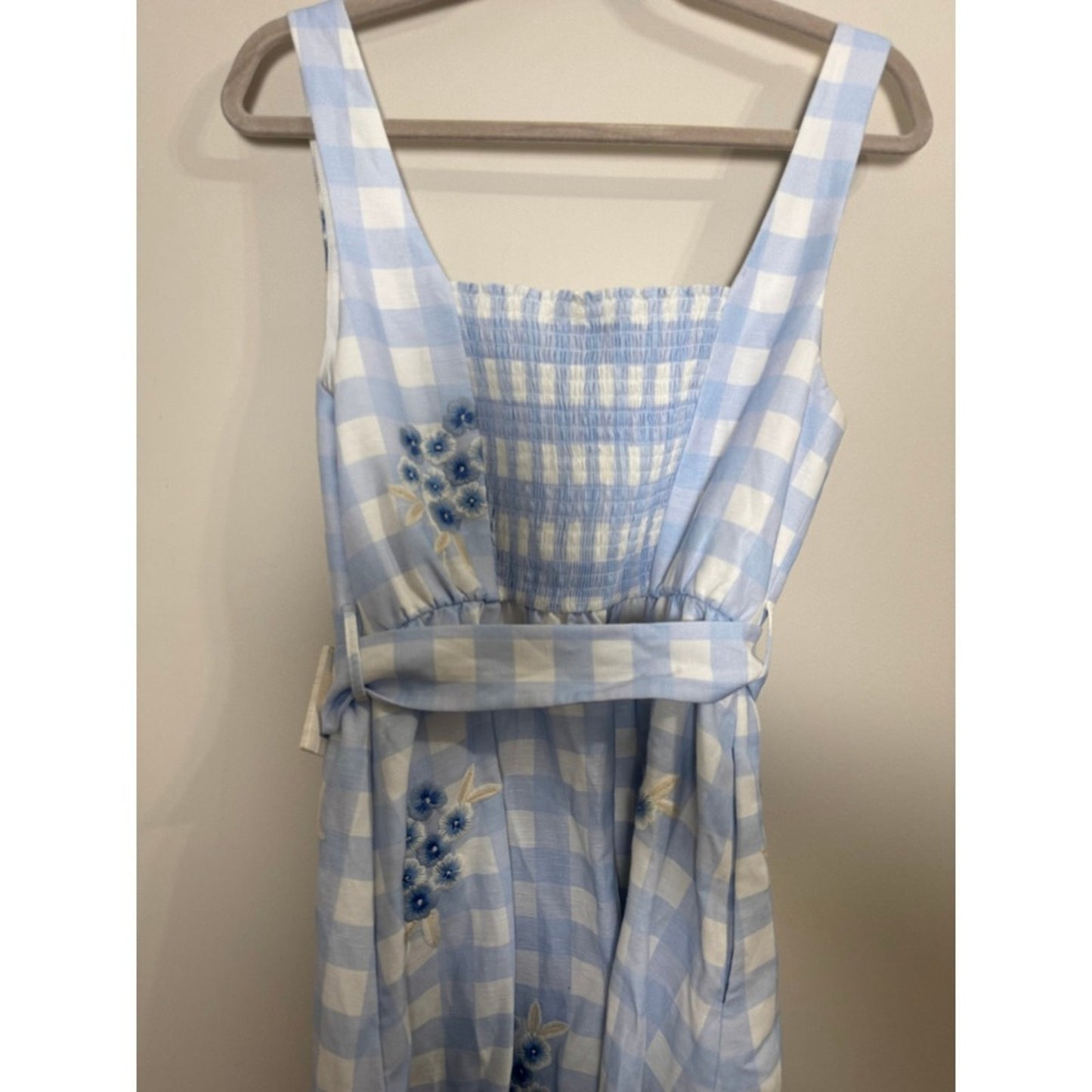 Sachin & Babi Bryce Blue Gingham Floral Embroidered Belted Midi Dress Size 8 NEW