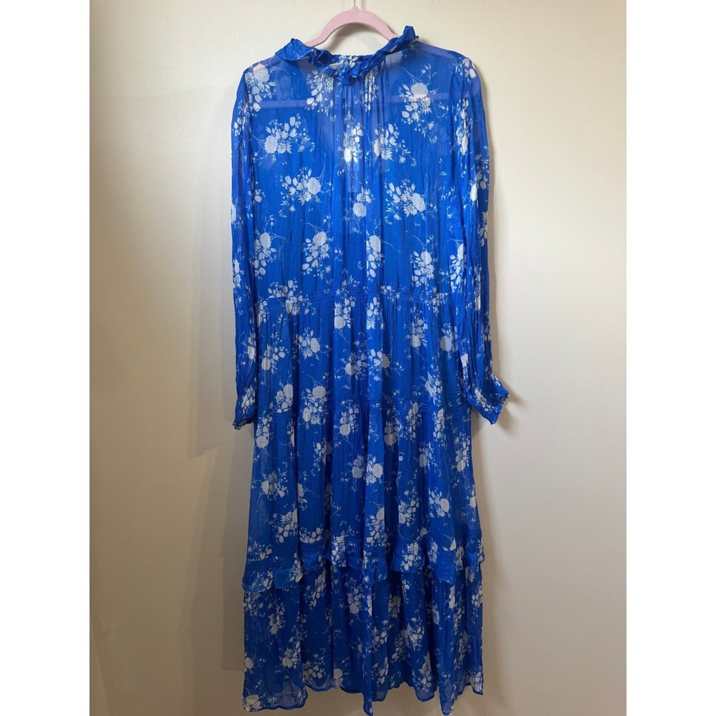 Anthropologie Blue Floral Tiered Maxi Dress Long Sleeve Ruffle V-Neck Boho NWT