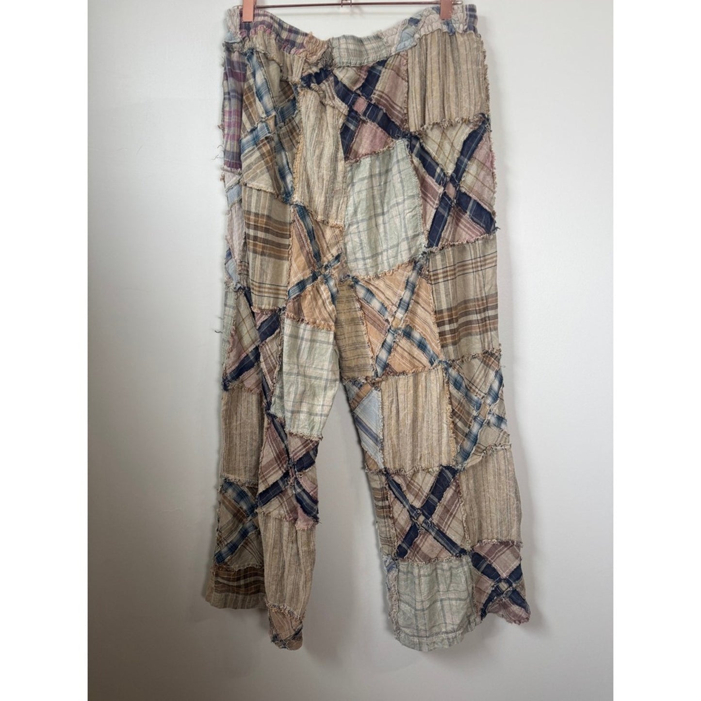 Jaded Gypsy Patchwork Plaid Pants Wide Leg Distressed Drawstring Boho S/M