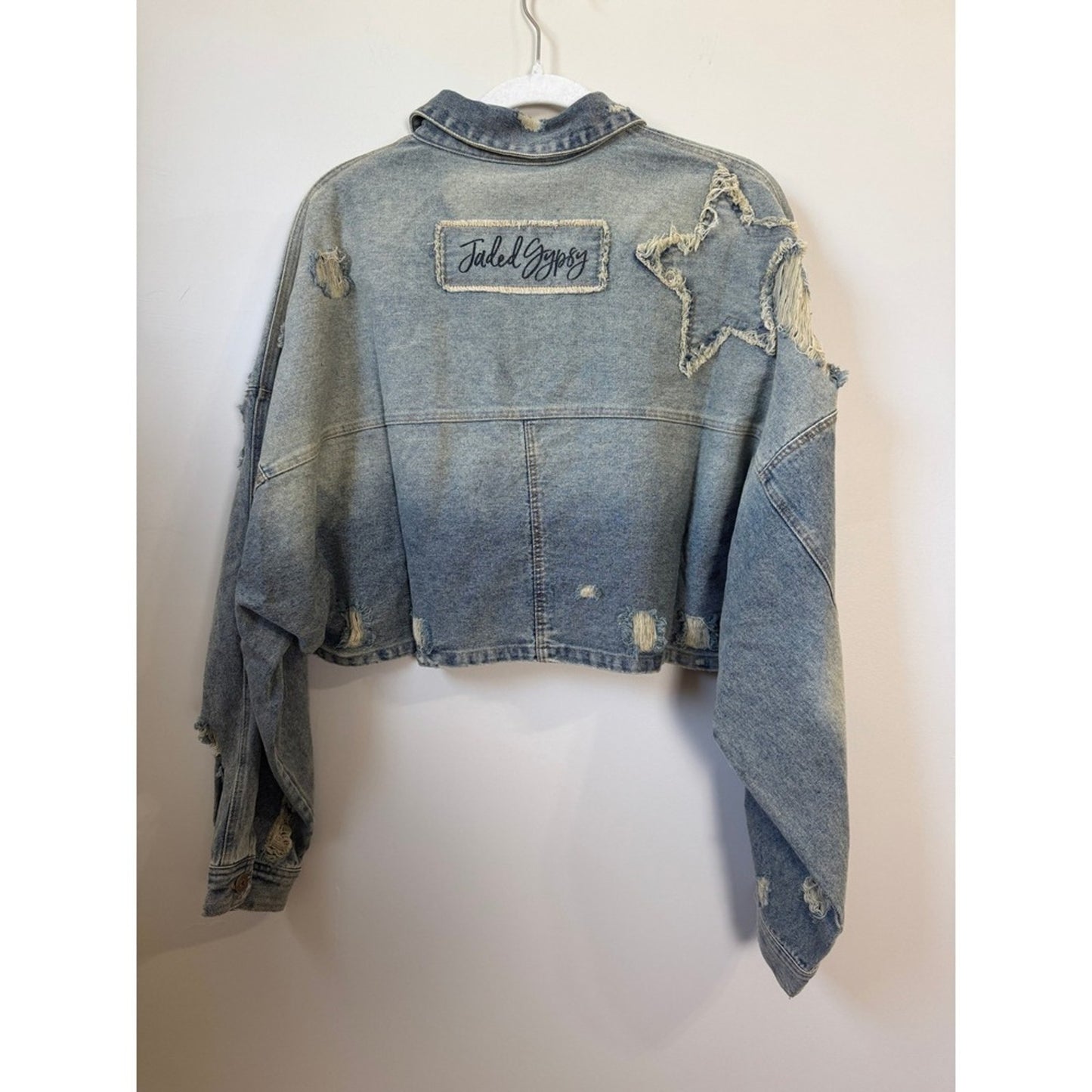 Jaded Gypsy Distressed Cropped Denim Jacket Ombre Blue Star Patch Zip Front Mens
