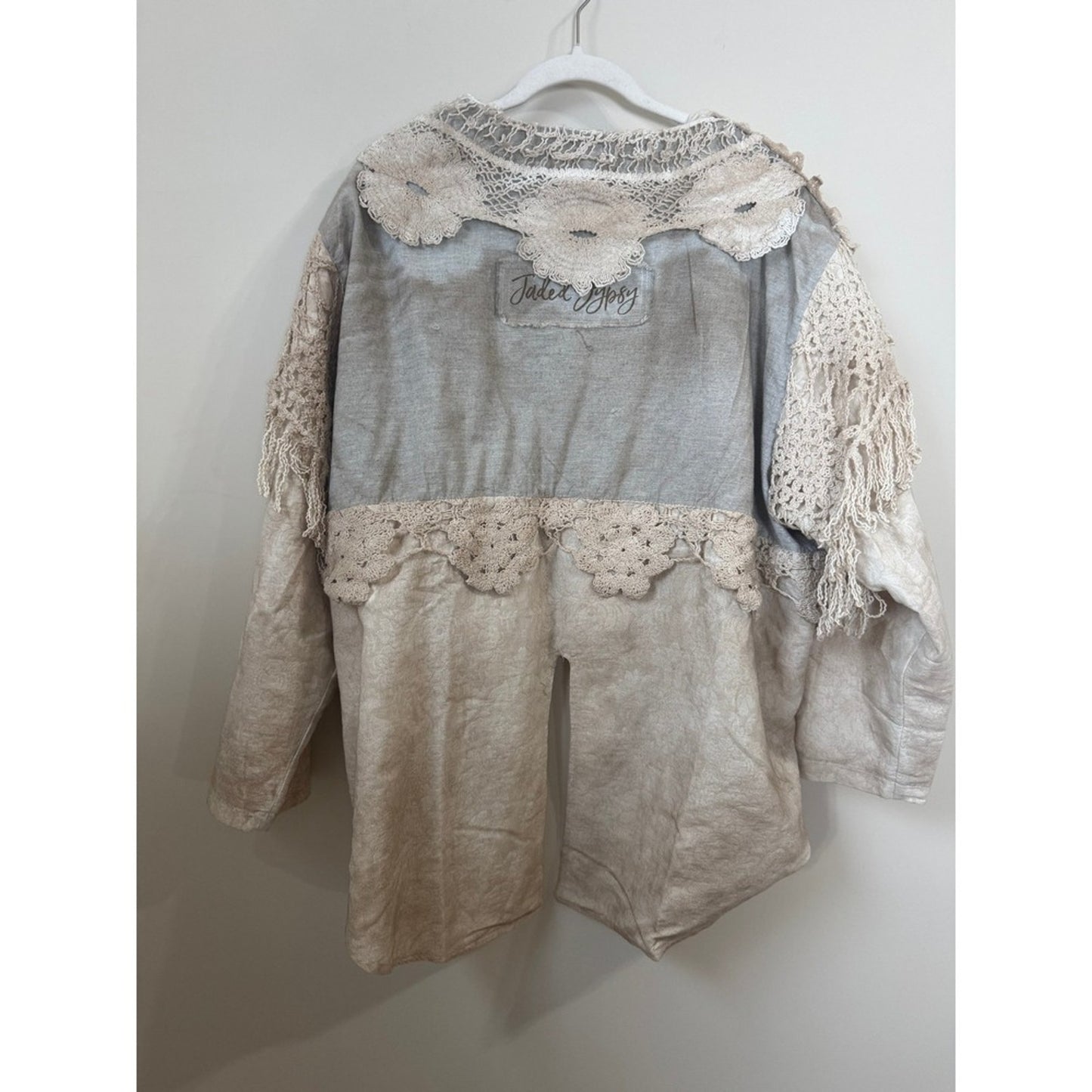 Jaded Gypsy Boho Crochet Lace Fringe Jacket Cream Tan Linen Blend Oversized L/XL
