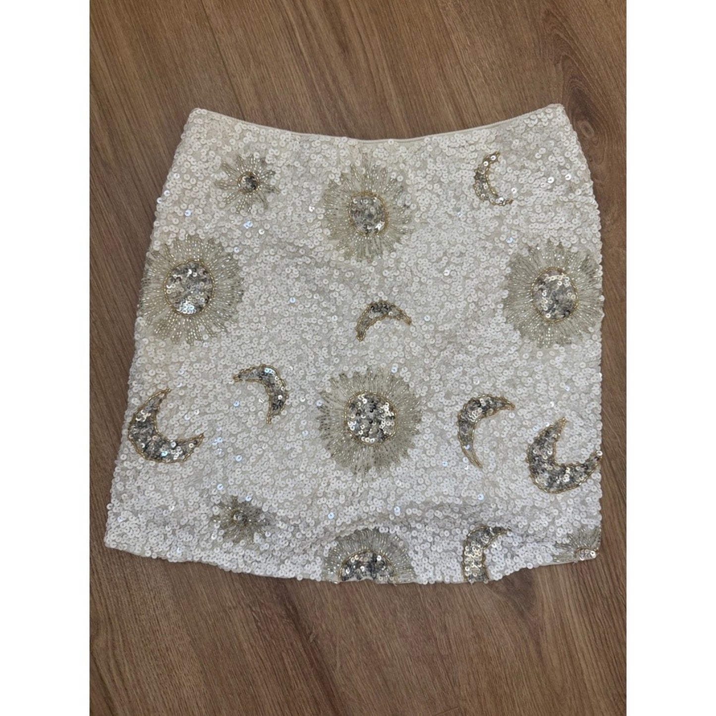 Show Me Your Mumu Celestial Sun Moon Sequin Beaded White Mini Skirt Silver