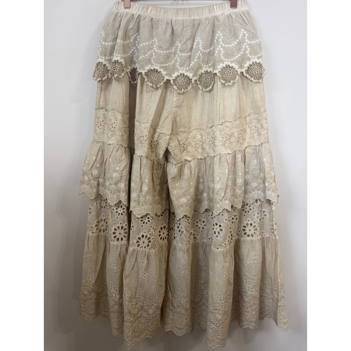 Jaded Gypsy Boho Tiered Eyelet Lace Wide Leg Pants Beige Ruffle Lagenlook Pants