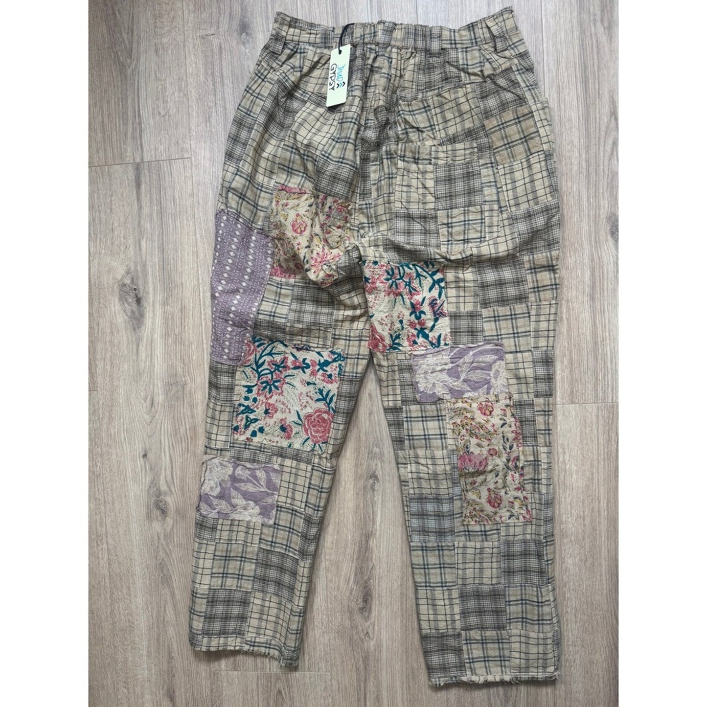 Jaded Gypsy Womens Boho Patchwork Plaid Floral Eyelet Pants Elastic Waist New