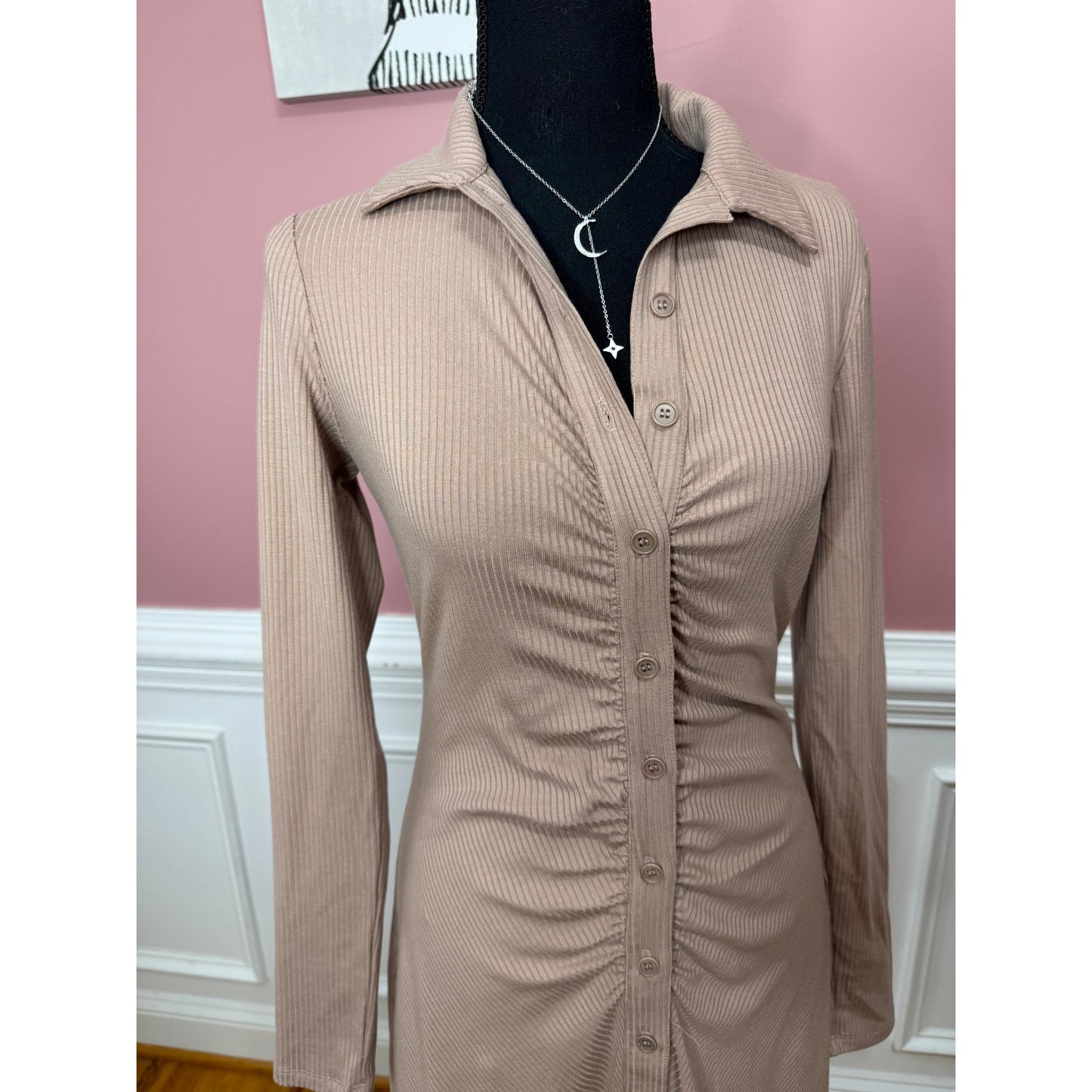 Reformation Mini Shirt Dress in Brown Medium Ribbed Long Sleeve Button-Up