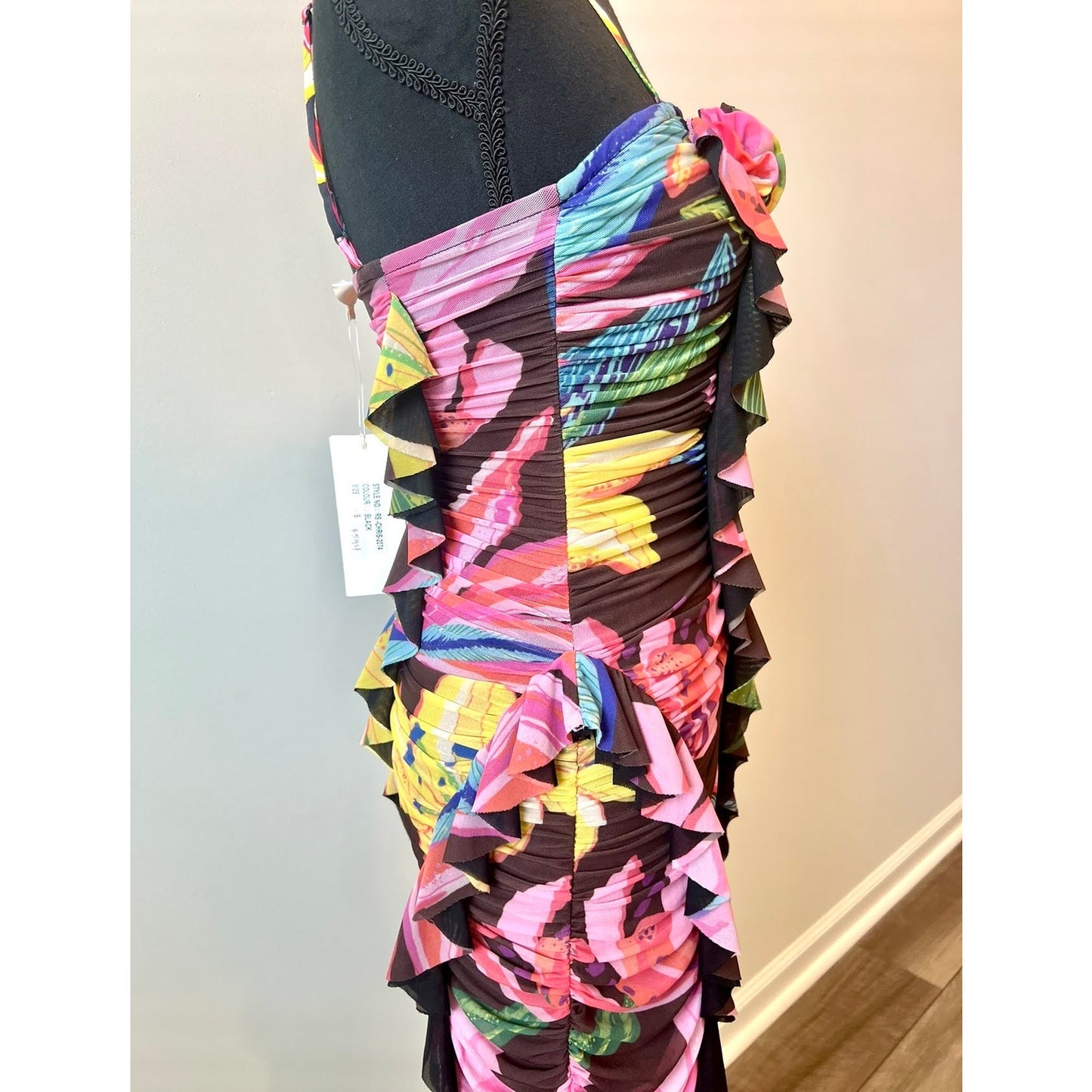 Rococo Sand Chris Midi Dress in Black Small Floral Ruffle Ruched Stretch Lined