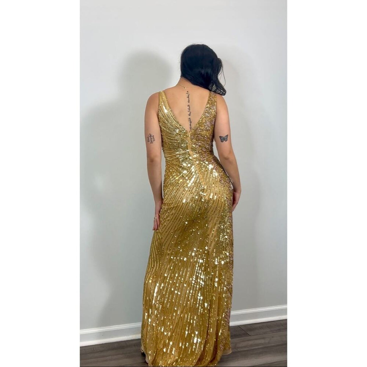 Mac Duggal Gold Sequin Slit Gown Size 2