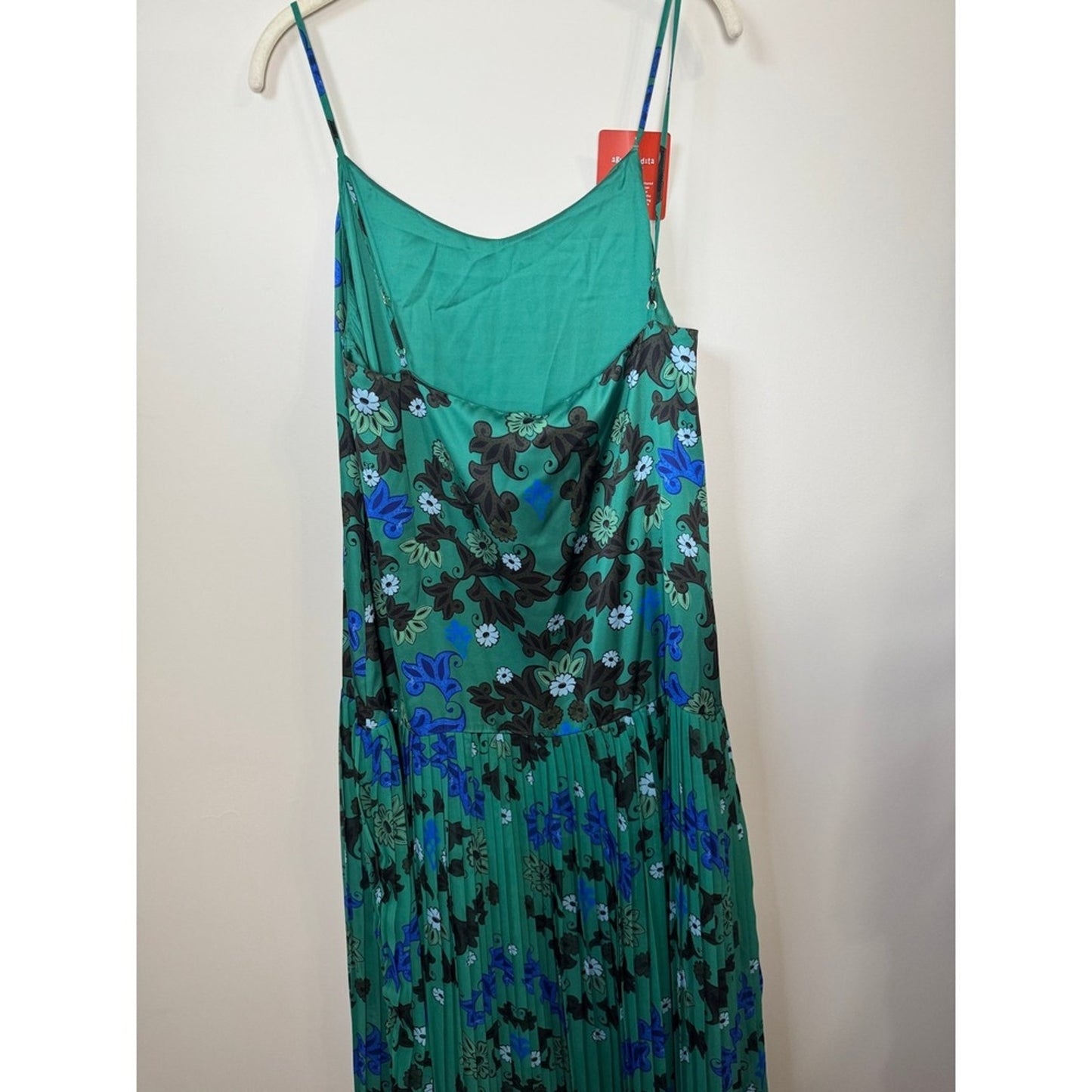 Agua Bendita Pleated Floral Maxi Dress Spaghetti Strap Green Blue M