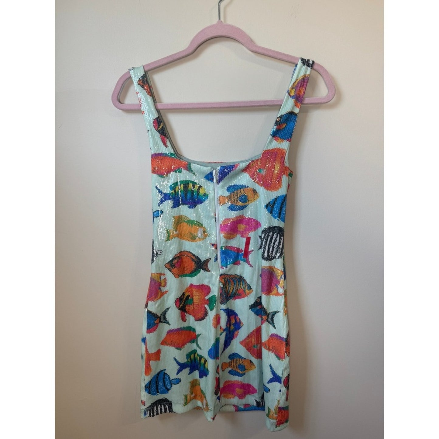 Show Me Your Mumu Tropical Fish Sequin Mini Dress Mint Green XS Square Neck