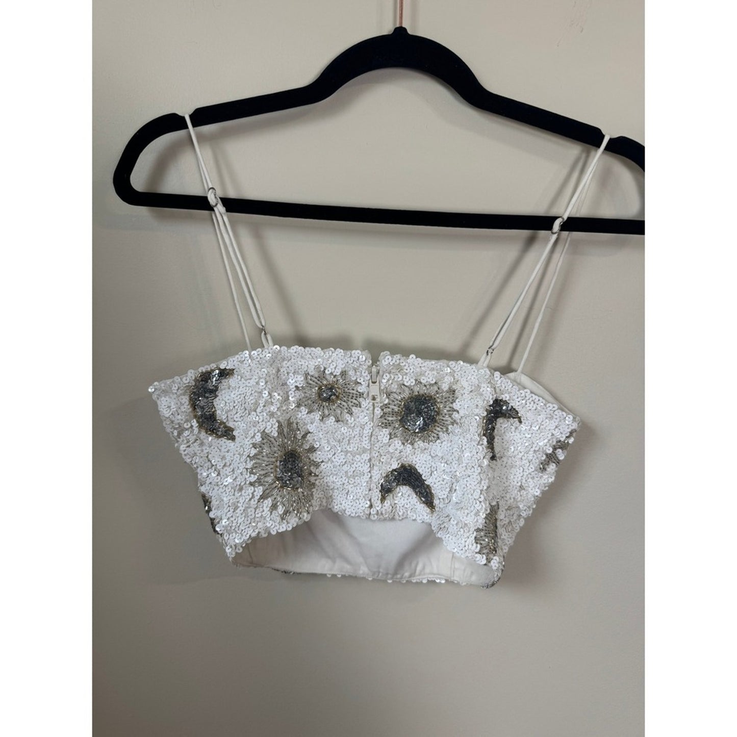 Show Me Your Mumu Celestial Sequin Crop Top White XS Sun Moon Beaded Camisole