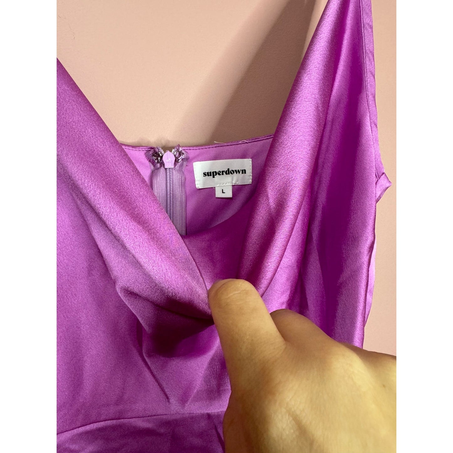 Superdown Arezo Cowl Neck Wrap Mini Dress in Purple Large Satin Cowl Neck Ruched