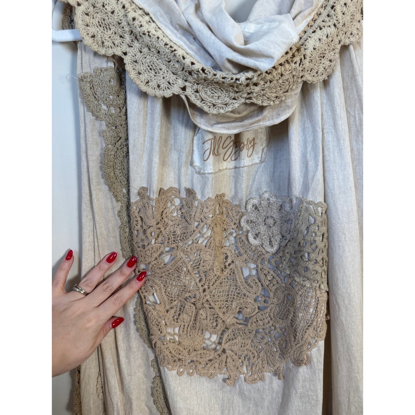 Jaded Gypsy Willow Wind Long Duster Vest Kimono Lace Trim Beige Boho Festival