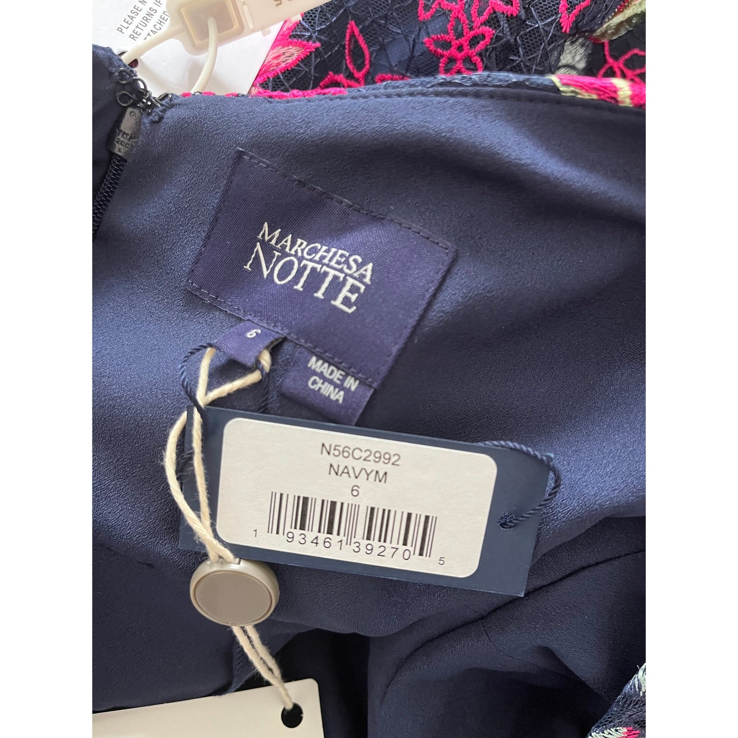 Marchesa Notte Embroidered Sheath Floral Dress Navy/Pink Size 6