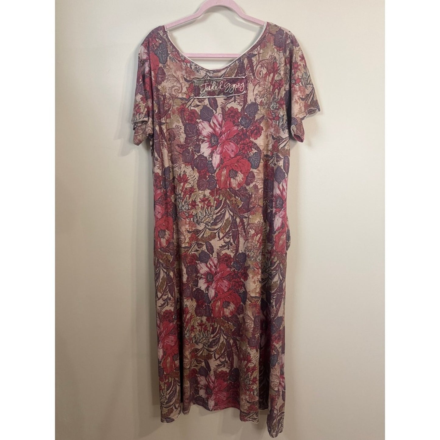 Jaded Gypsy Floral Maxi Dress Boho Short Sleeve Pockets Red Mauve NWT