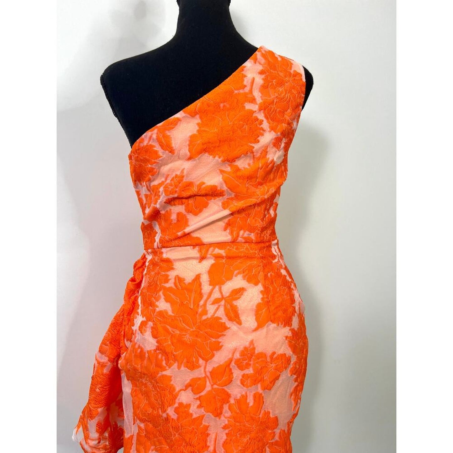 Showpo Brailey Mini Dress Orange Jacquard Size 4 Floral One Shoulder Wrap Front