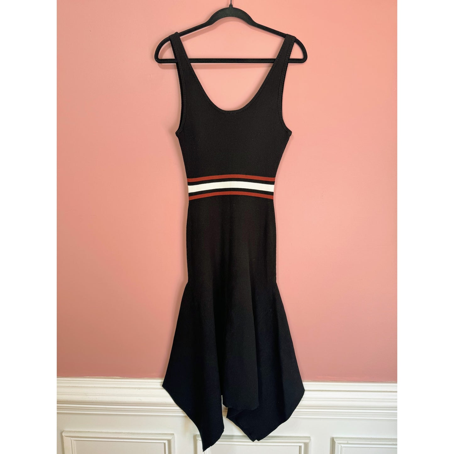 NEW NWT A.L.C. Anders Hankerchief Hem Ribbed Midi Dress in Black Stripe Size Large
