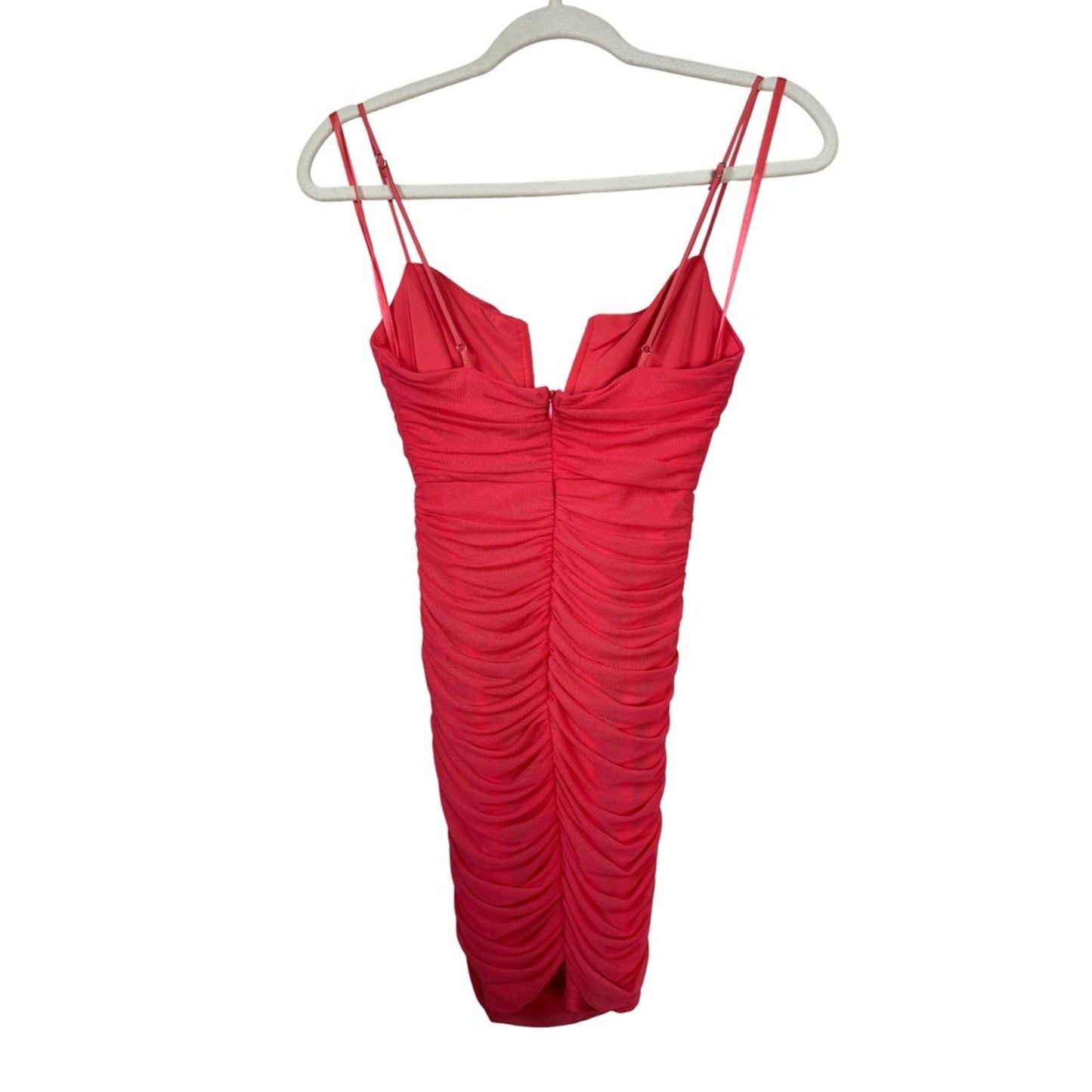 Hello Molly Coral Pink Ruched Mesh V Neck Bodycon Mini Dress Womens US 4