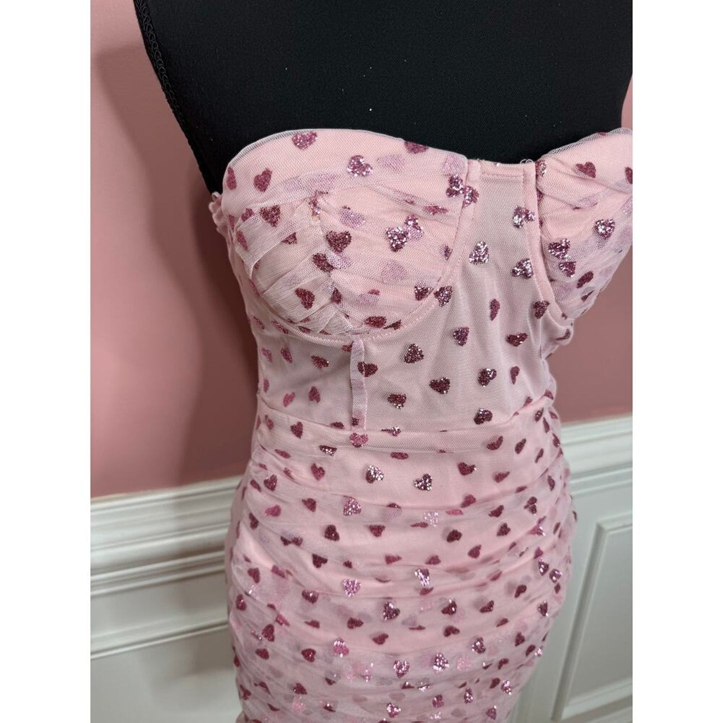 Superdown Fifi Mesh Mini Dress in Pink Hearts Glitter Size Small Zip Back Lined