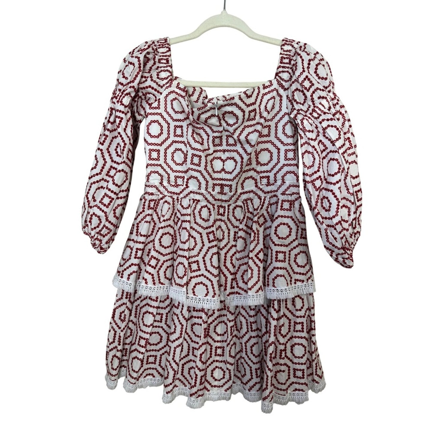 ALEXIS White Red Geometric Embroidered Tiered Square Neck Mini Dress M