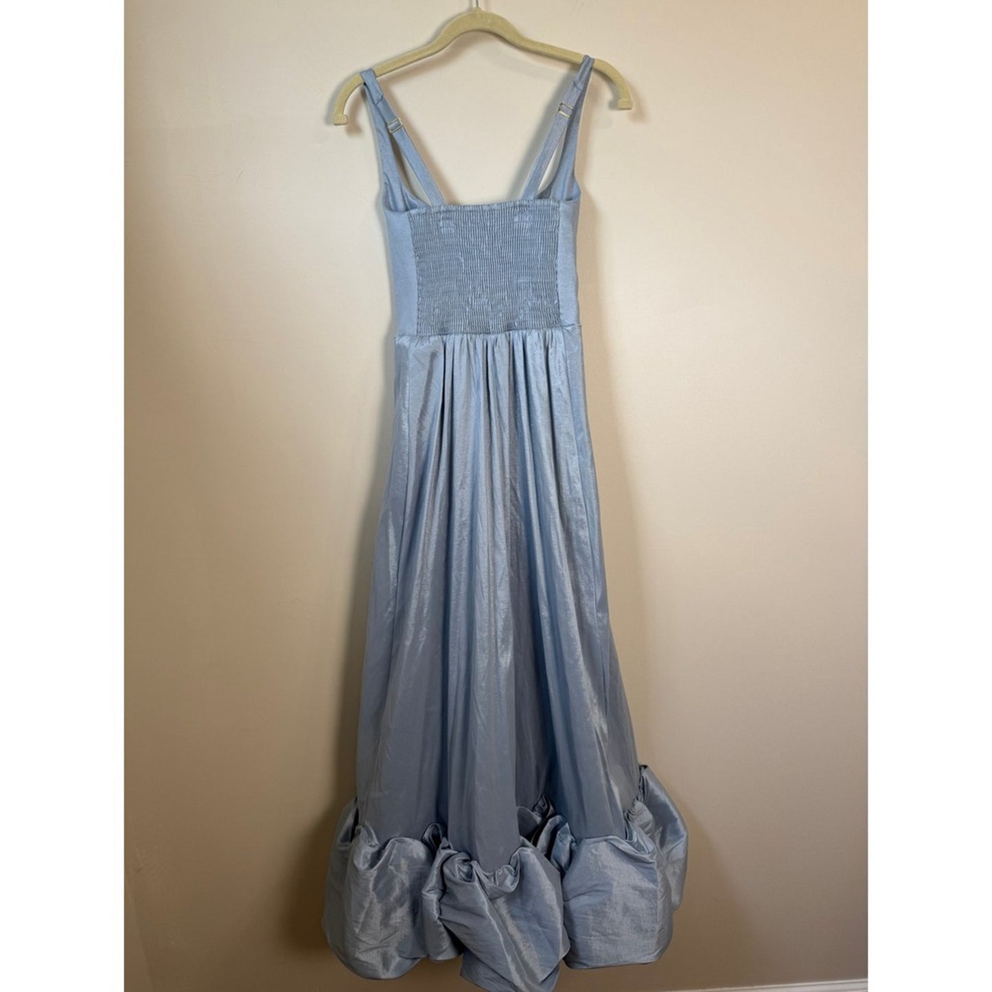 Show Me Your Mumu Light Blue Bubble Hem Maxi Dress Square Neck Smocked Back Gown
