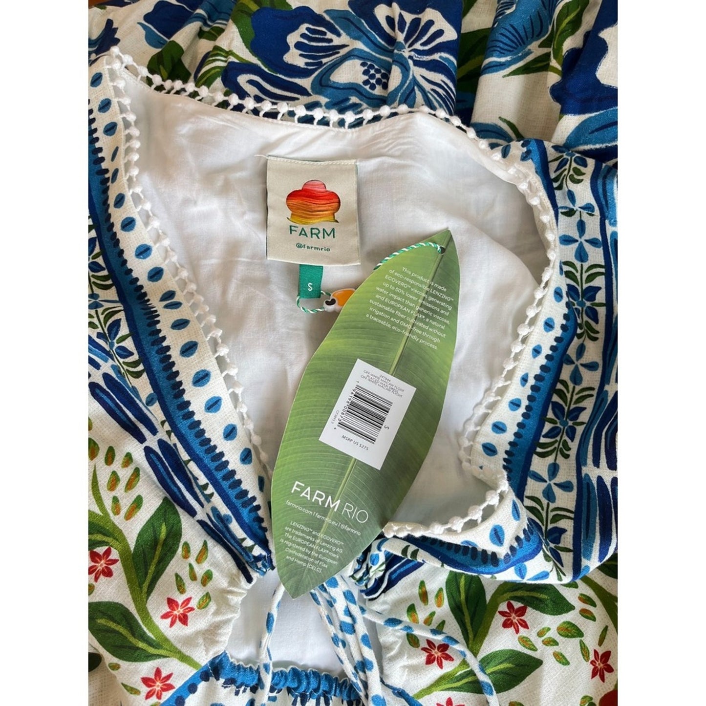 Farm Rio Maxi Dress White Blue Green Floral Bird Print V Neck Tie Waist
