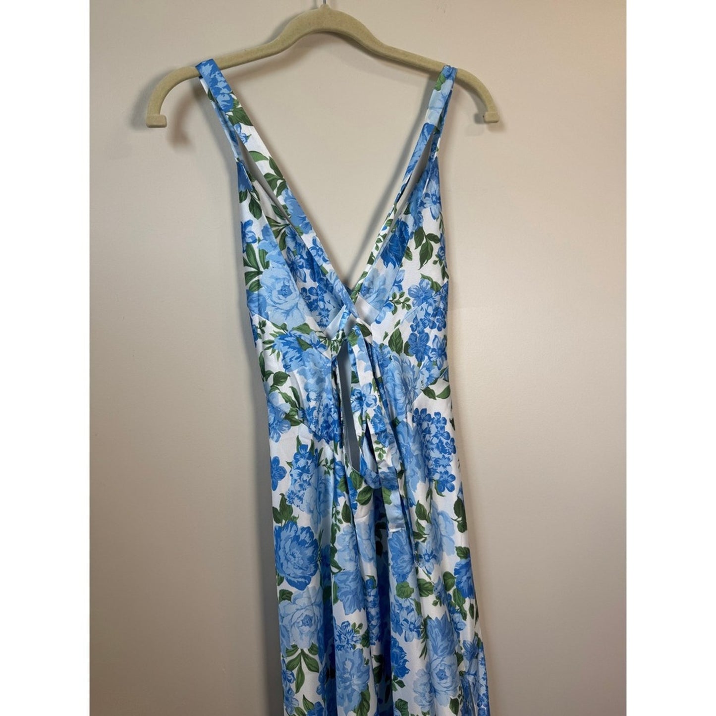 Blue Floral Satin Maxi Dress Open Back Tie High Slit Summer Wedding Guest V-Neck