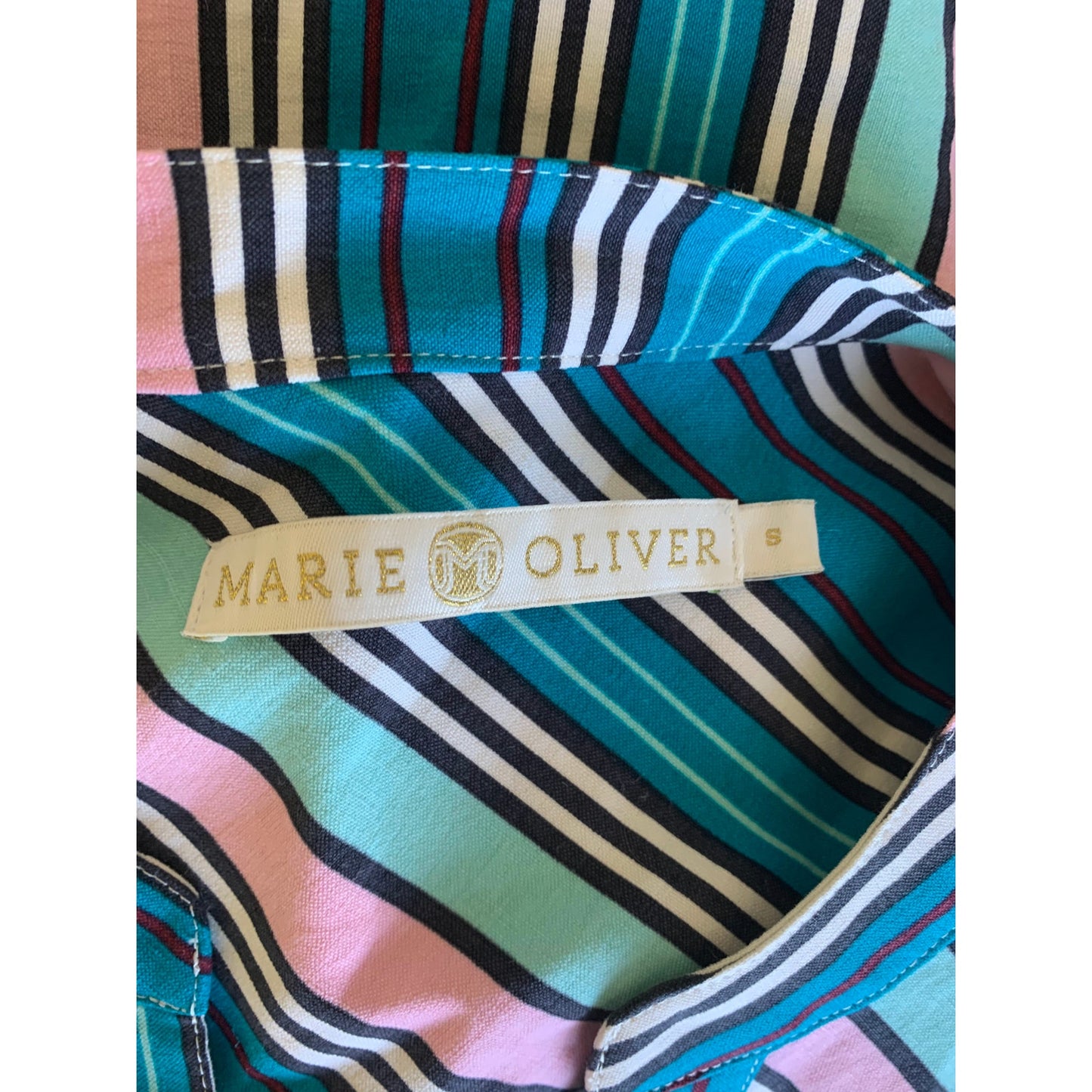 Marie Oliver Shift Dress in Blue Multi Striped Small Long Sleeve V-Neck Silk