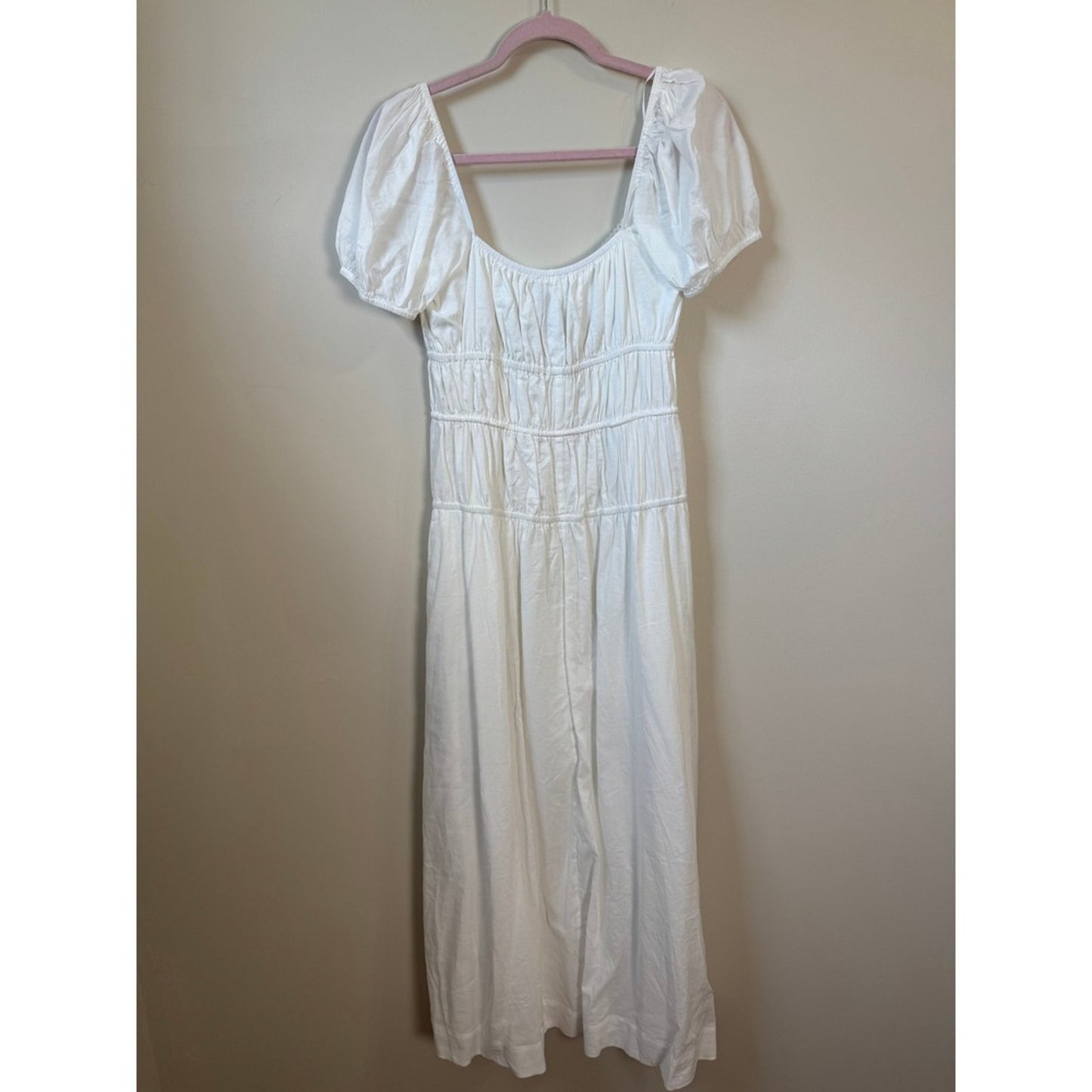 Reformation Rhett Linen Dress White Puff Sleeve Smocked Midi Dress Size 8 NWT