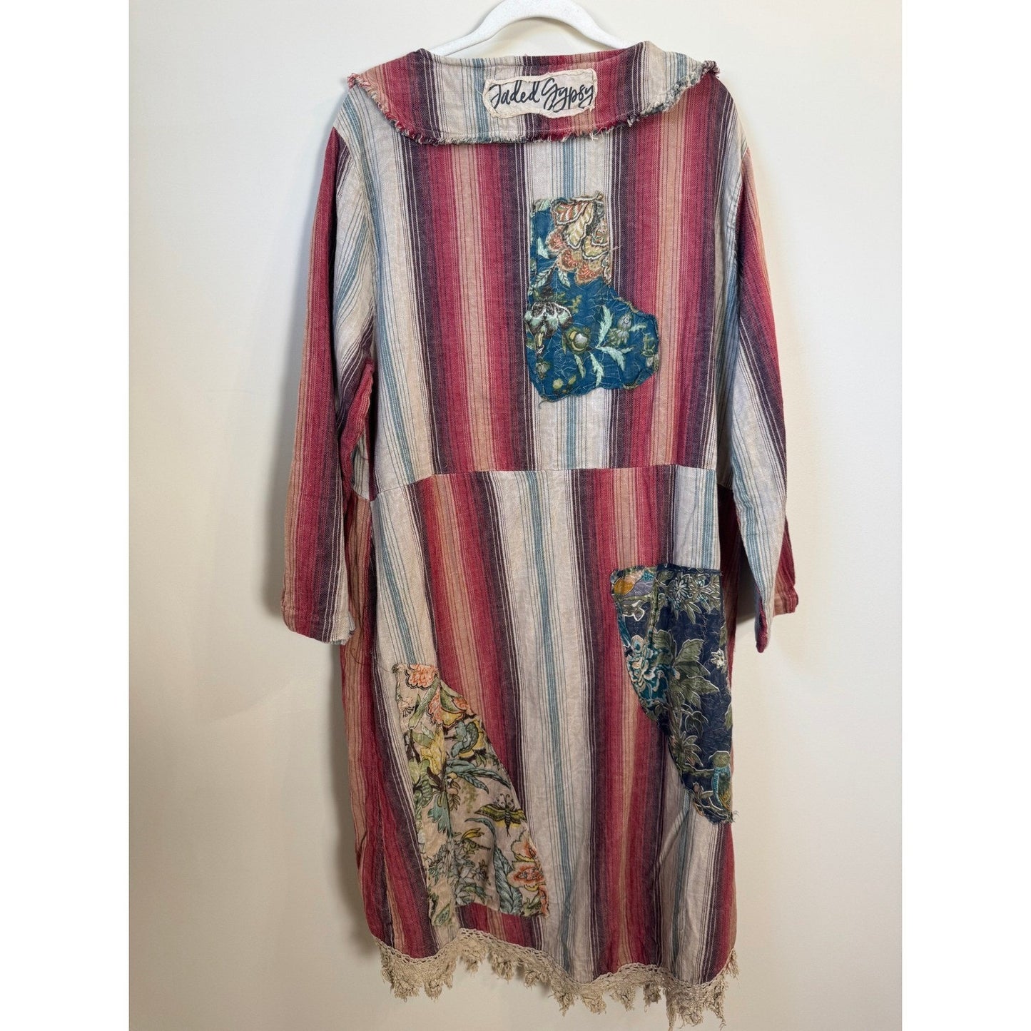 Jaded Gypsy Patchwork Striped Lace Trim Bohemian Tunic Dress Women L
