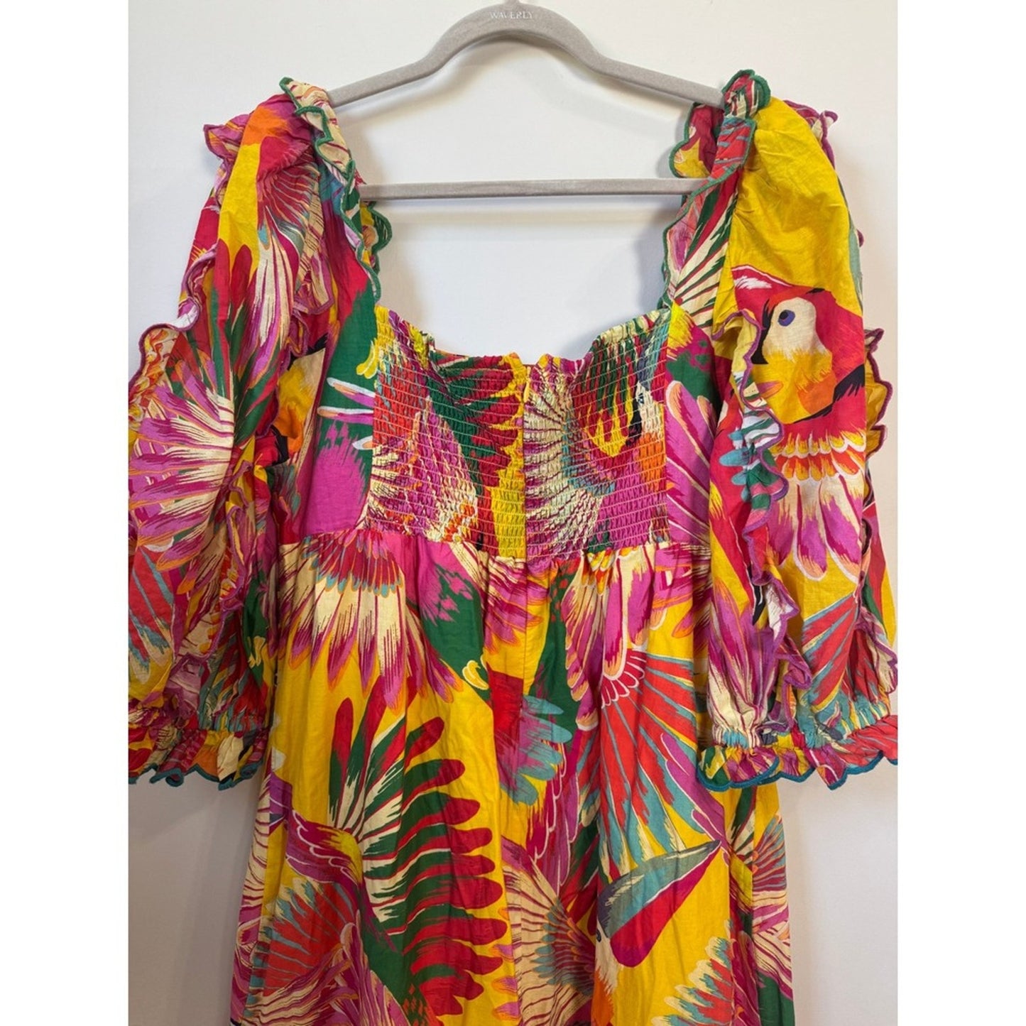 Farm Rio Yellow Tropical Toucan Print Puff Sleeve Ruffle Midi Dress Size L