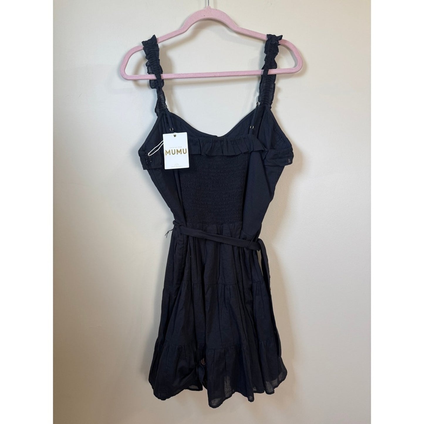 Show Me Your Mumu Black Tiered Mini Dress Ruffle Strap Woven Belt NWT