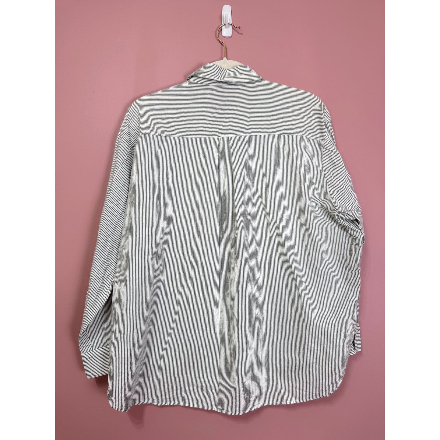 Zara Green Stripe Linen Blend Button Down Blouse Size Medium