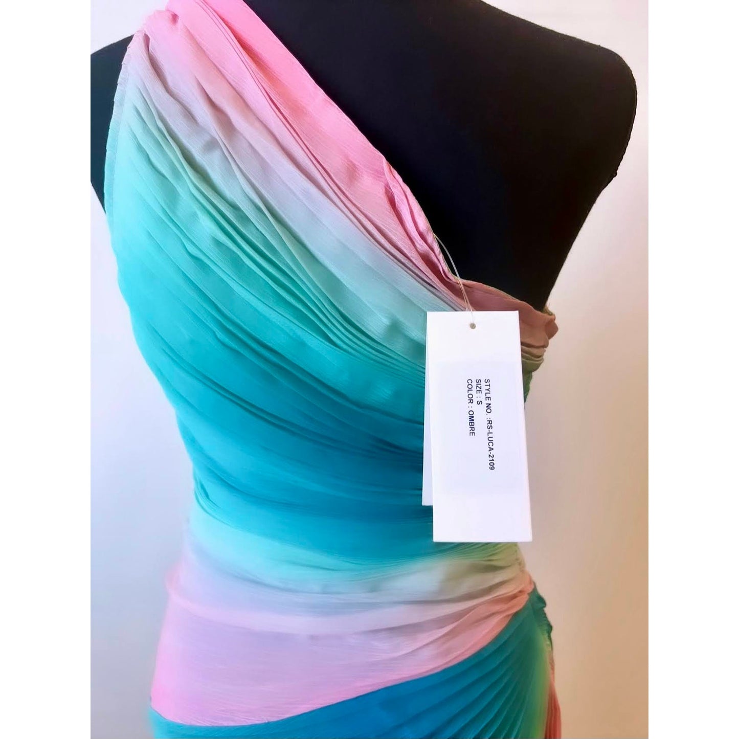 Rococo Sand Luca Maxi Dress in Ombre Small One Shoulder Pleated Side Slit Lined