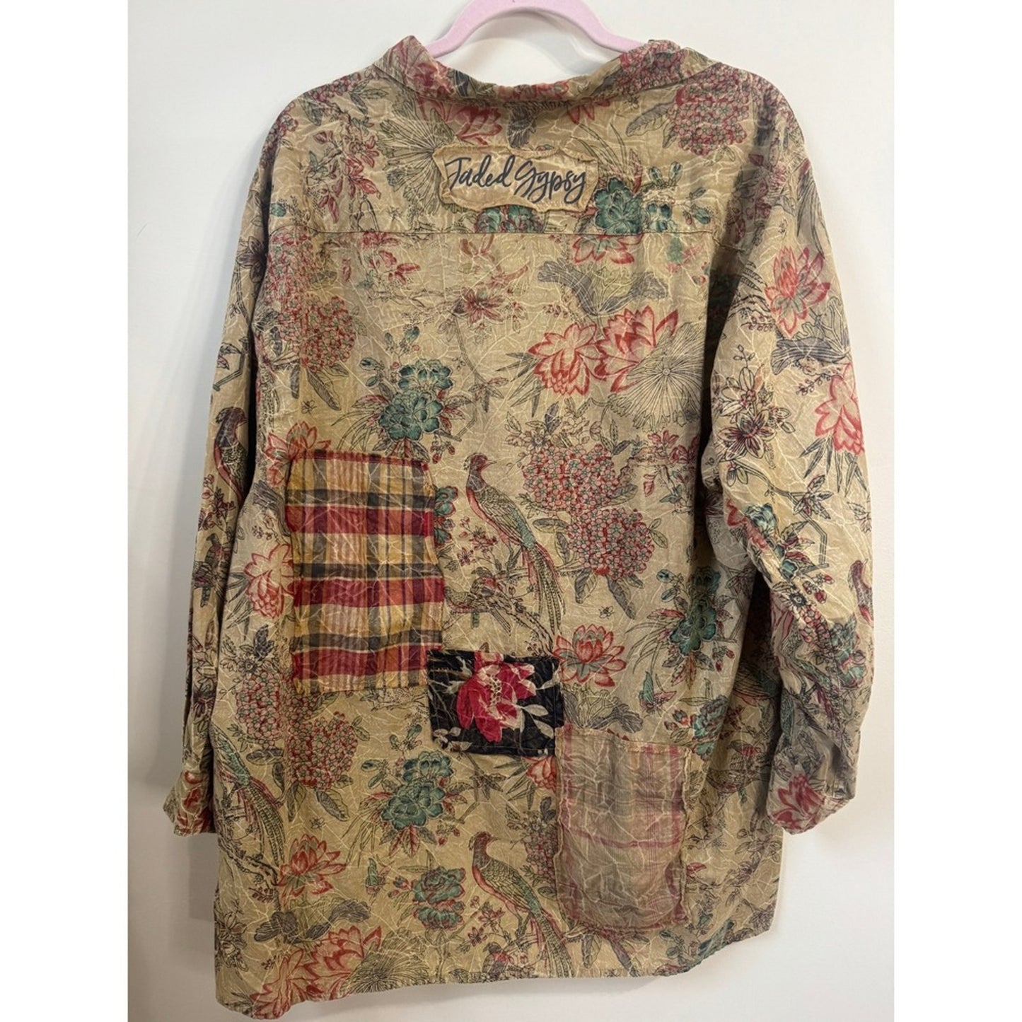 Jaded Gypsy Floral Bird Patchwork Button Down Shirt Boho Oversized Tunic Tan