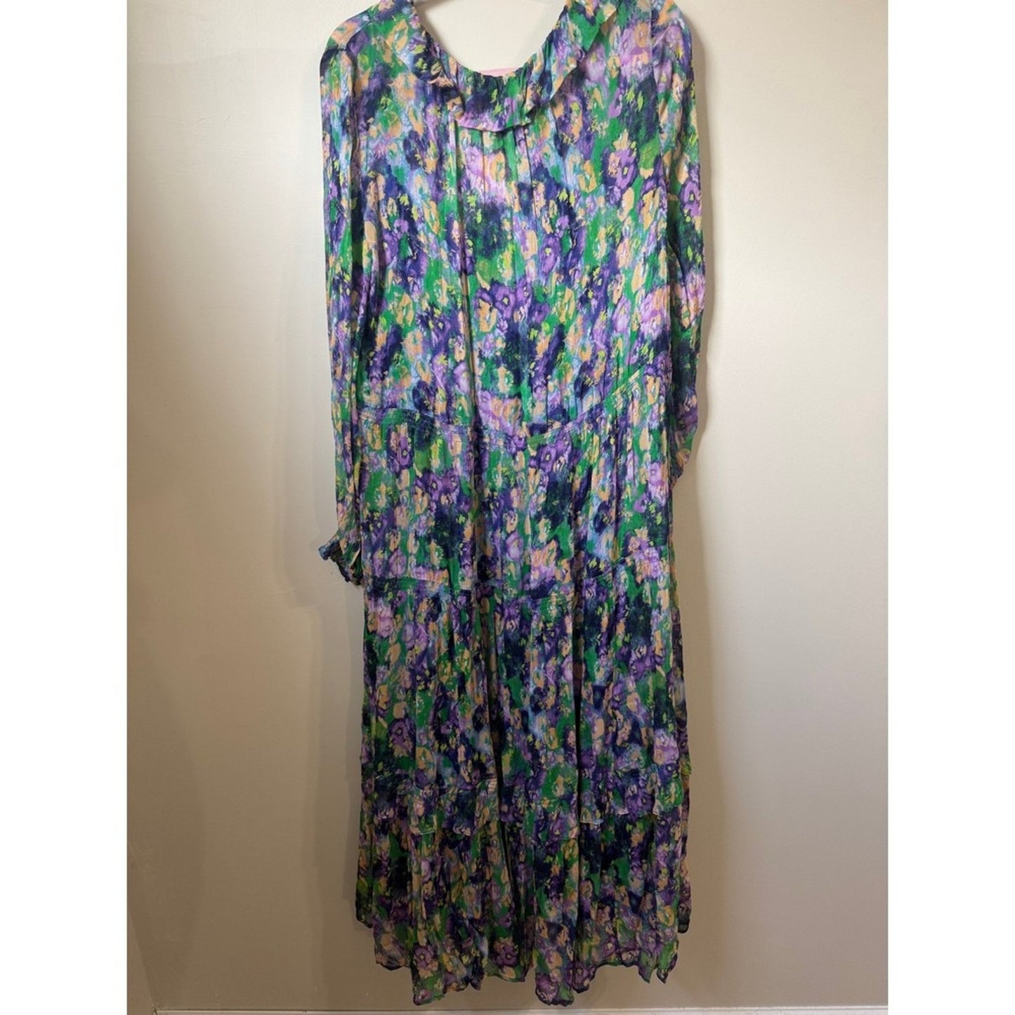 Anthropologie Tiered Floral Maxi Dress Purple Green Boho V-Neck Long Sleeve