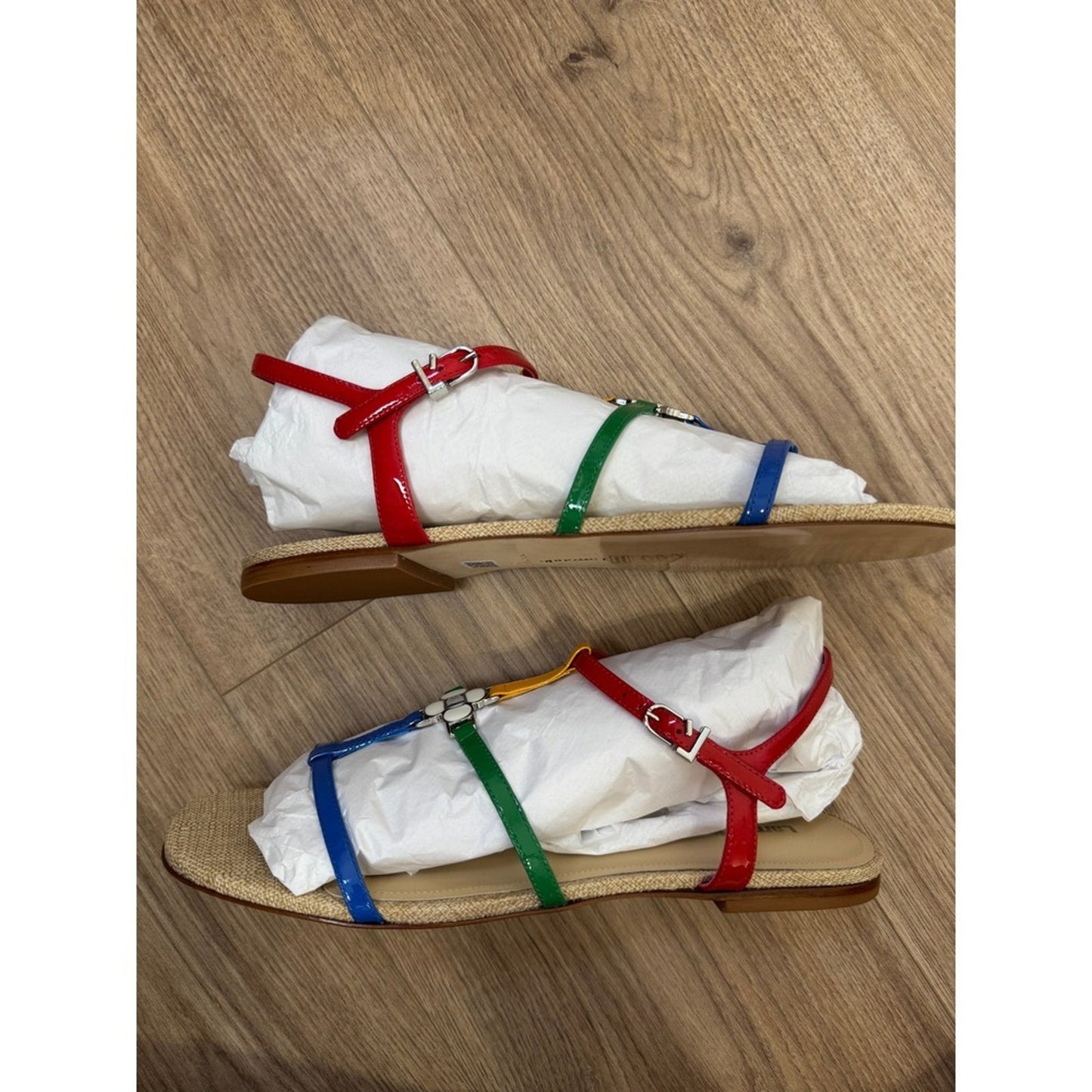 Larroude Hannah Flat Sandals Multicolor Patent Leather Strappy Floral Hardware