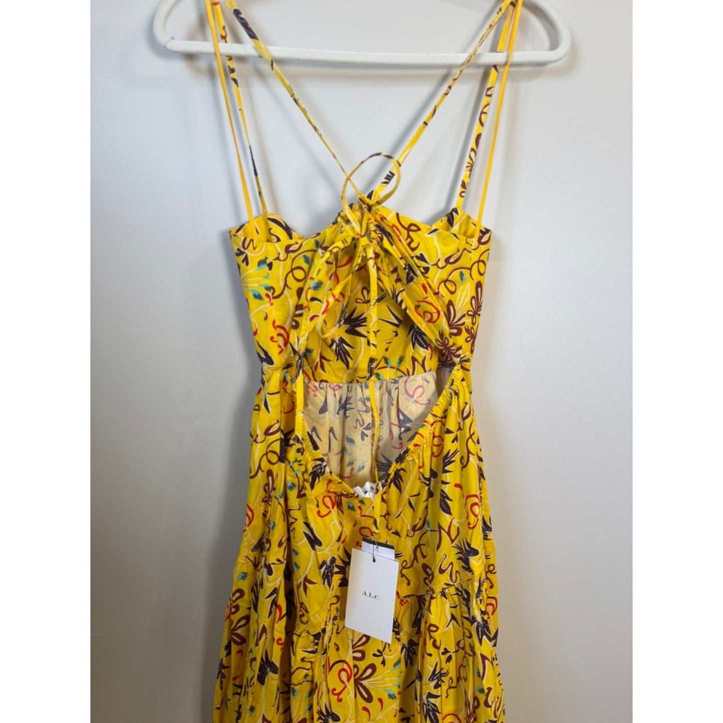 ALC Yellow Floral Ruched Tiered Open Back Midi Dress Womens