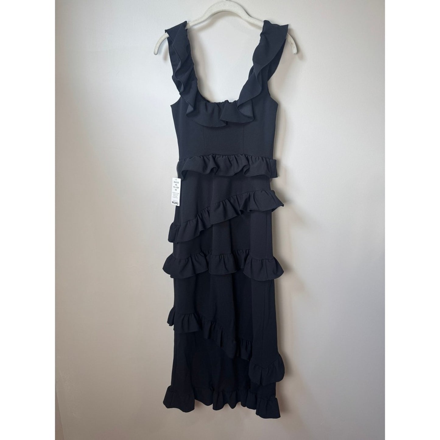 Show Me Your Mumu Black Tiered Ruffle Midi Dress Square Neck Slit Size S New