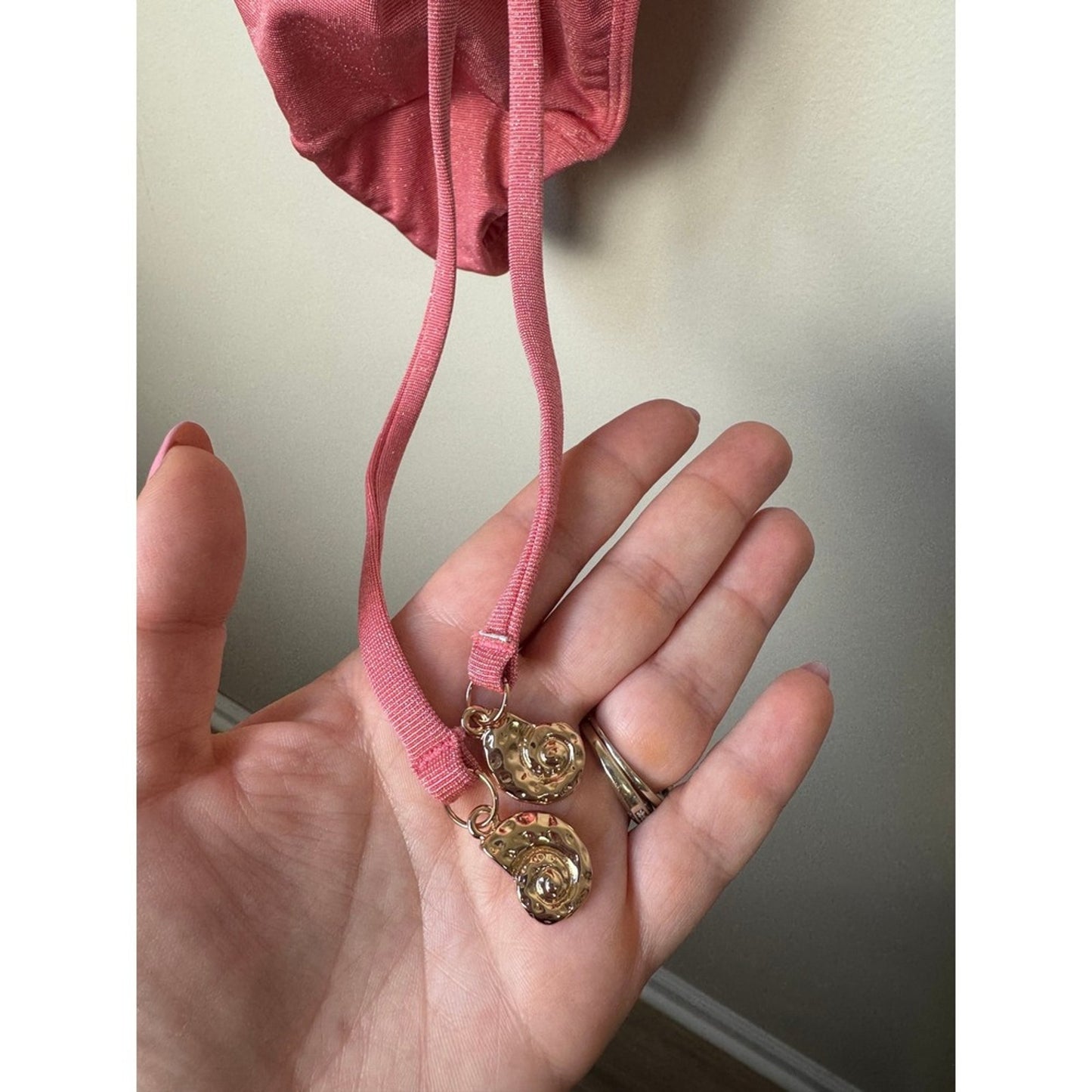 Pink Metallic Shimmer One Piece Swimsuit Lace Up Back Gold Shell Charms High Cut